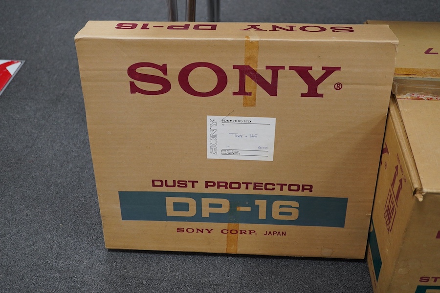 A Sony TC-377 reel to reel stereo tape deck with Sony DP-16 dust protector, both in original card boxes, together with a quantity of reels in their card boxes, plus a Lutraphone microphone on stand and a Sony stereo micr